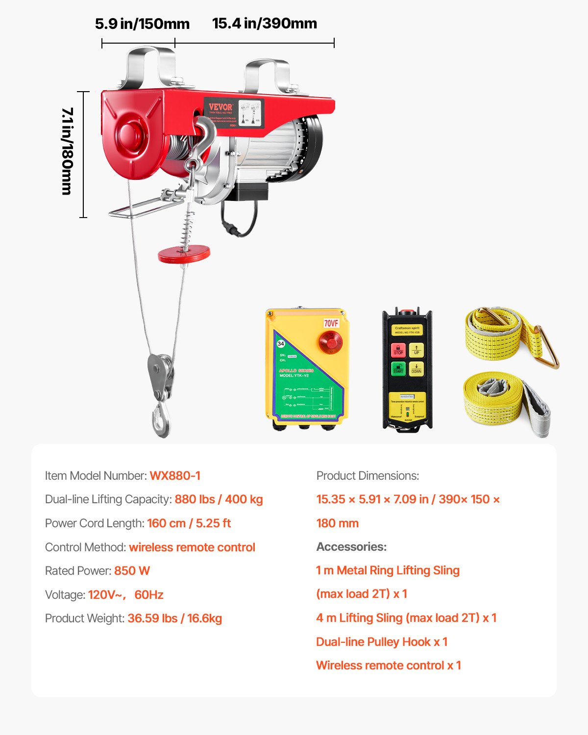 VEVOR Polipasto eléctrico, capacidad de elevación de 400 kg, cabrestante eléctrico de alambre de acero de 850 W y 110 V con control remoto inalámbrico, altura de elevación de un solo cable