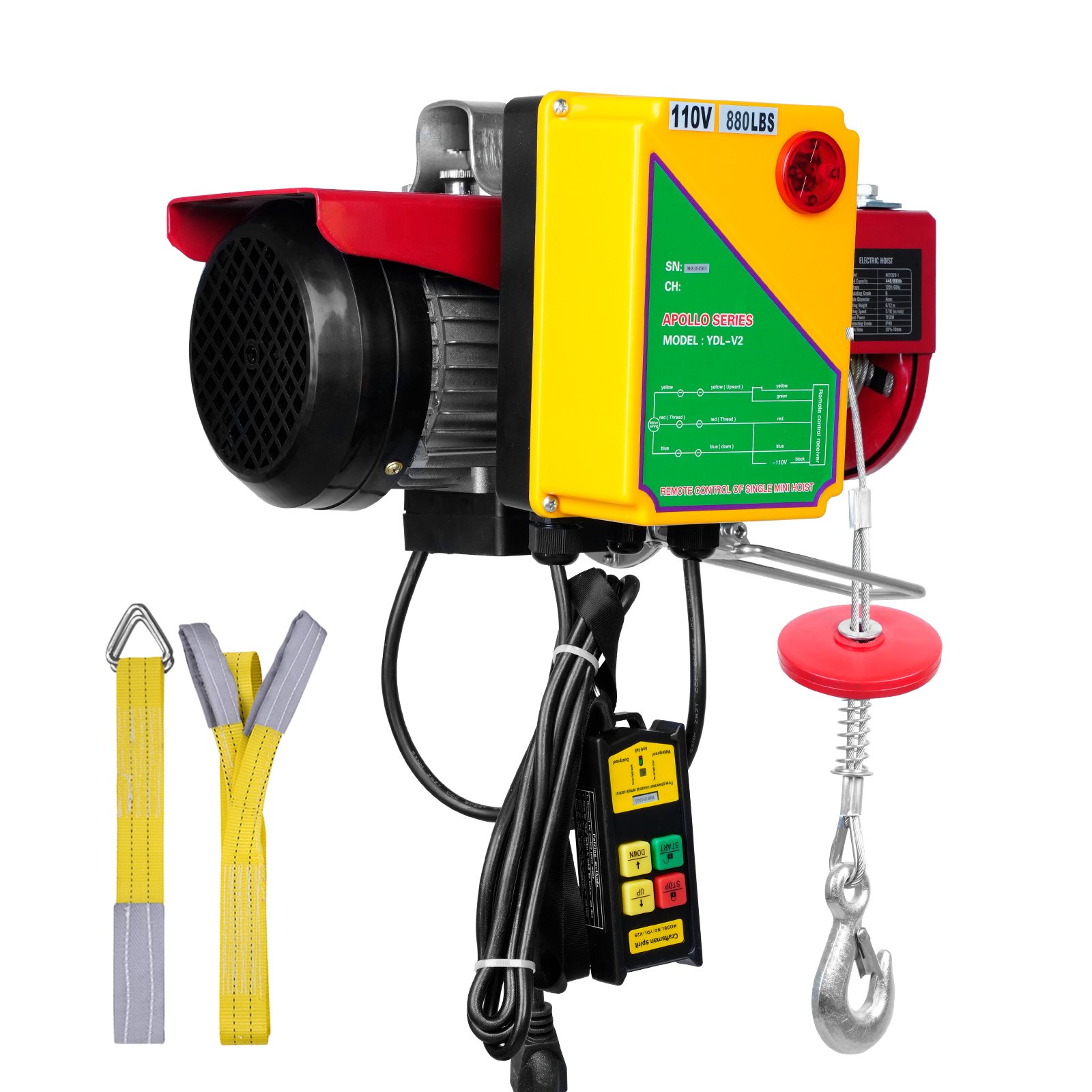 VEVOR Polipasto eléctrico, capacidad de elevación de 400 kg, cabrestante eléctrico de alambre de acero de 850 W y 110 V con control remoto inalámbrico, altura de elevación de un solo cable