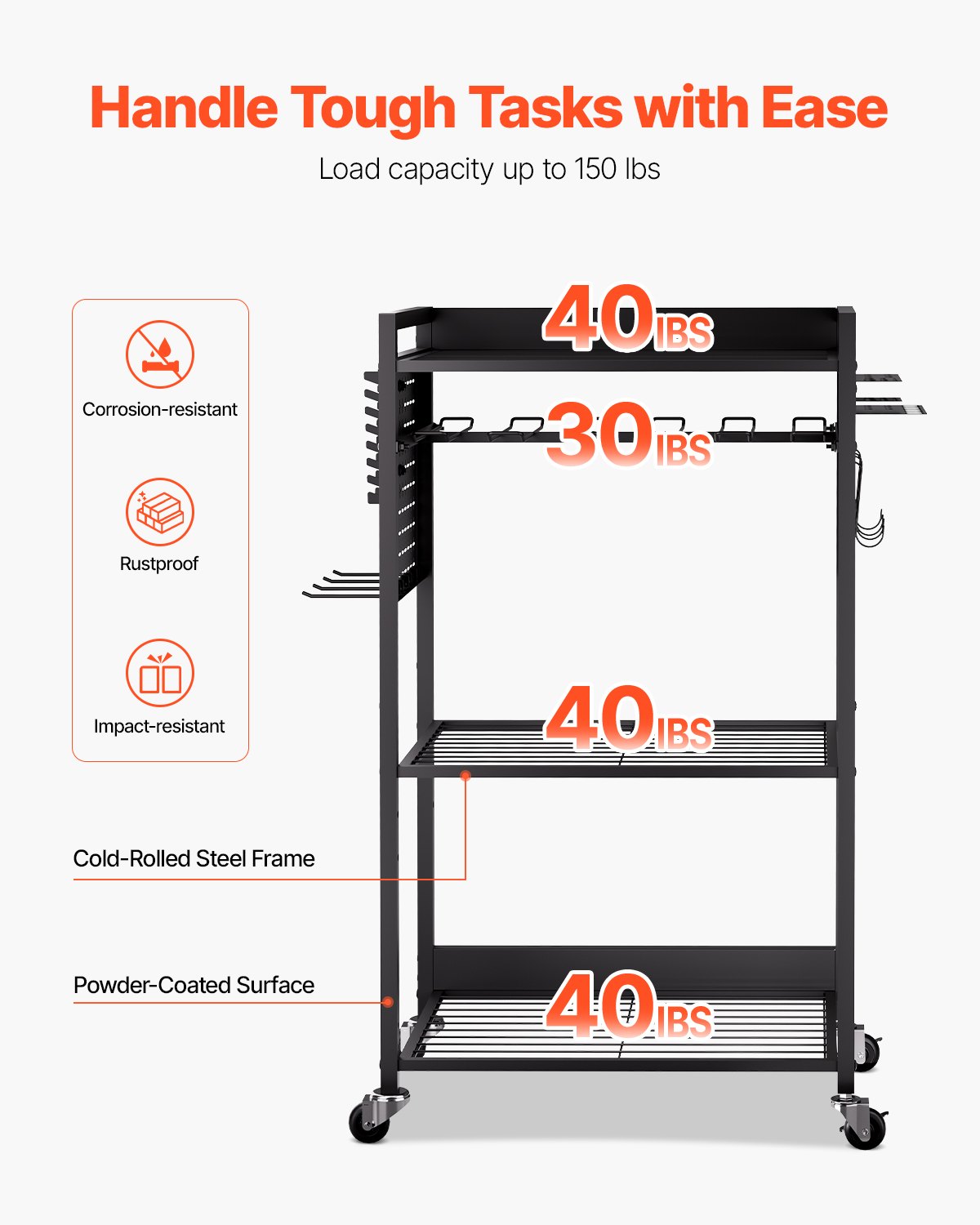 VEVOR - Carrito organizador de herramientas de 4 niveles, capacidad de carga de 68 kg, soporte para taladro con ruedas y estante de almacenamiento estable, carrito de almacenamiento resistente para garaje, color negro