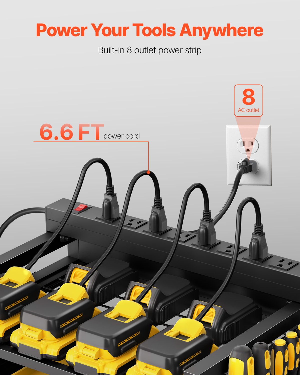 VEVOR - Carrito organizador de herramientas de 4 niveles con estación de carga, 8 tomas de CA, soporte para taladro con ruedas y soporte para batería de herramientas con ruedas, ideal para taller o garaje.