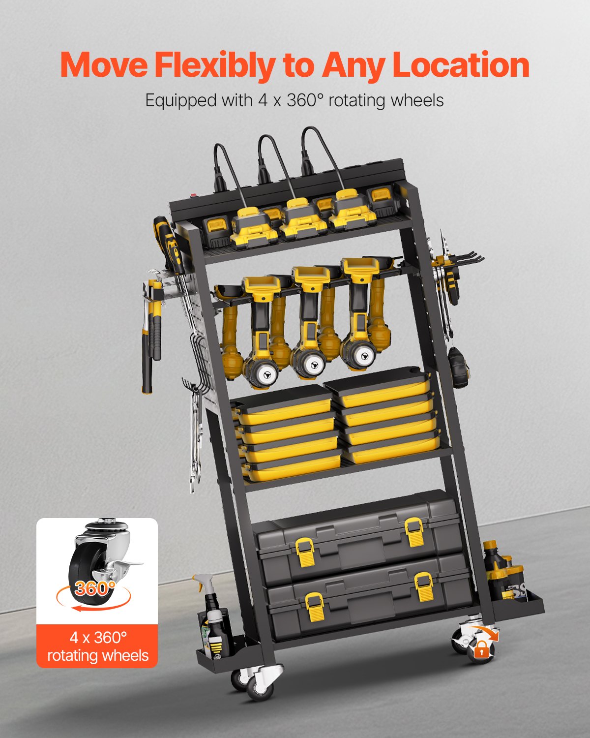 VEVOR - Carrito organizador de herramientas de 4 niveles con estación de carga, 8 tomas de CA, soporte para taladro con ruedas y soporte para batería de herramientas con ruedas, ideal para taller o garaje.