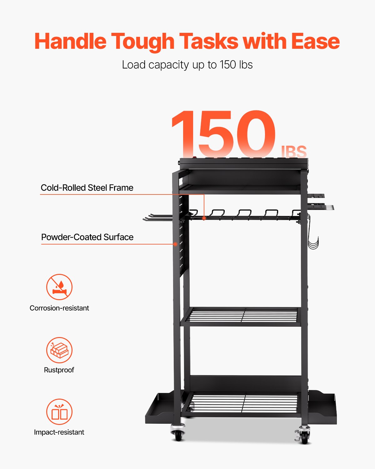 VEVOR - Carrito organizador de herramientas de 4 niveles con estación de carga, 8 tomas de CA, soporte para taladro con ruedas y soporte para batería de herramientas con ruedas, ideal para taller o garaje.
