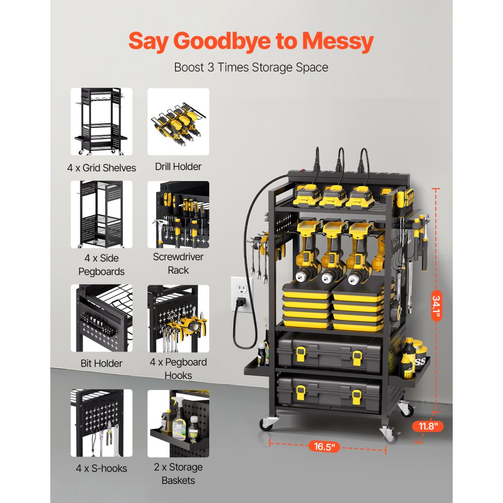 VEVOR - Carrito organizador de herramientas de 5 niveles con estación de carga, 8 tomas de CA, soporte para taladro con ruedas y soporte para batería de herramientas con ruedas, ideal para garaje o taller.