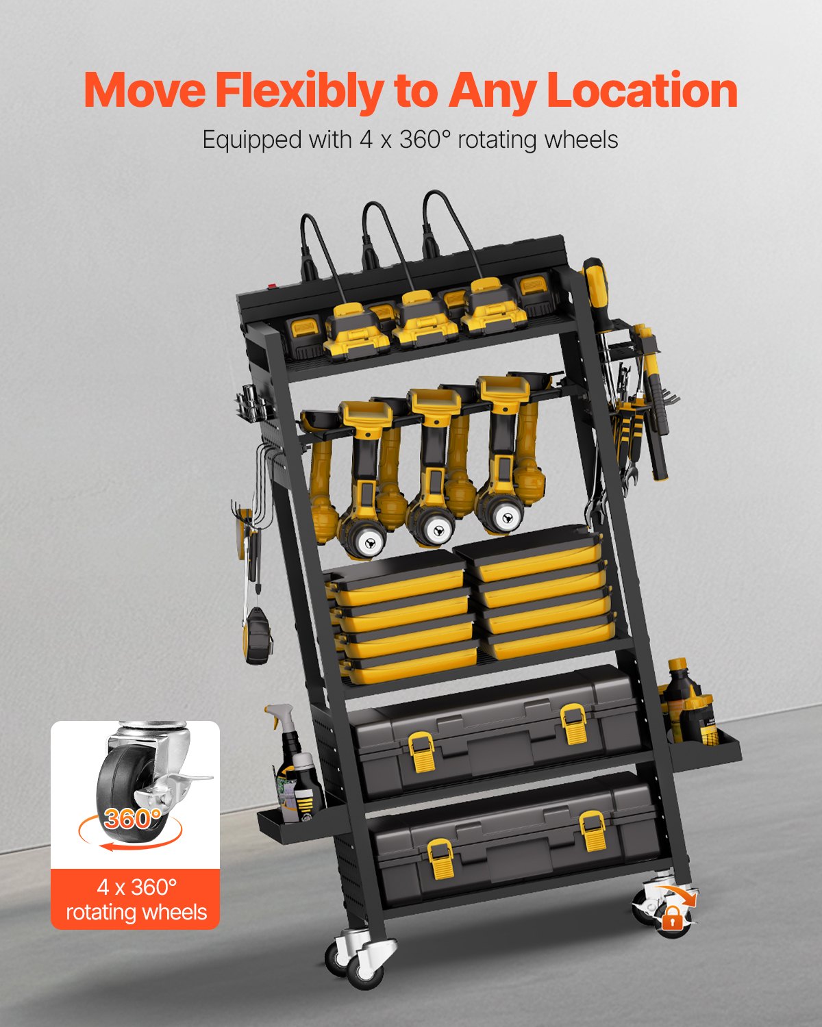 VEVOR - Carrito organizador de herramientas de 5 niveles con estación de carga, 8 tomas de CA, soporte para taladro con ruedas y soporte para batería de herramientas con ruedas, ideal para garaje o taller.