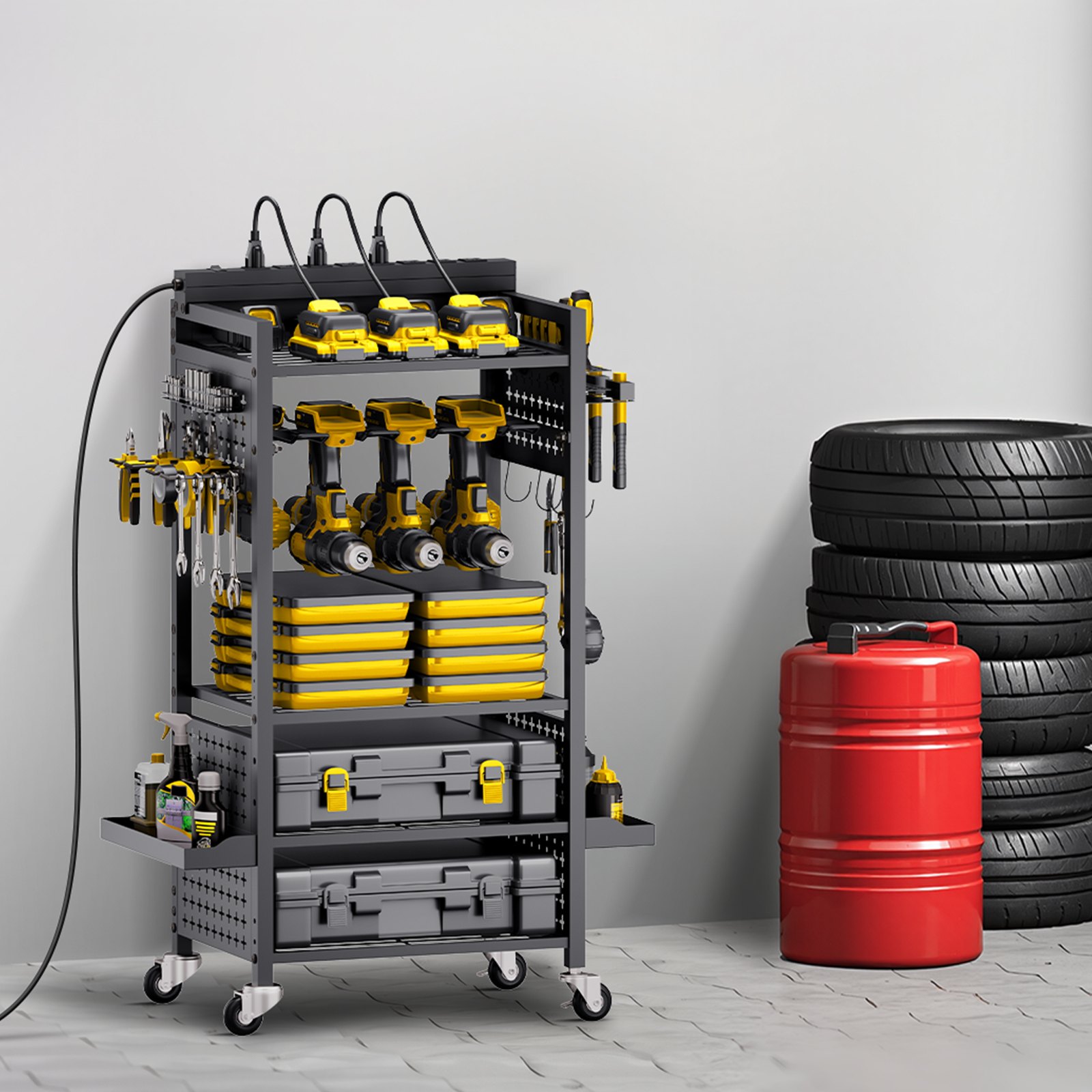 VEVOR - Carrito organizador de herramientas de 5 niveles con estación de carga, 8 tomas de CA, soporte para taladro con ruedas y soporte para batería de herramientas con ruedas, ideal para garaje o taller.