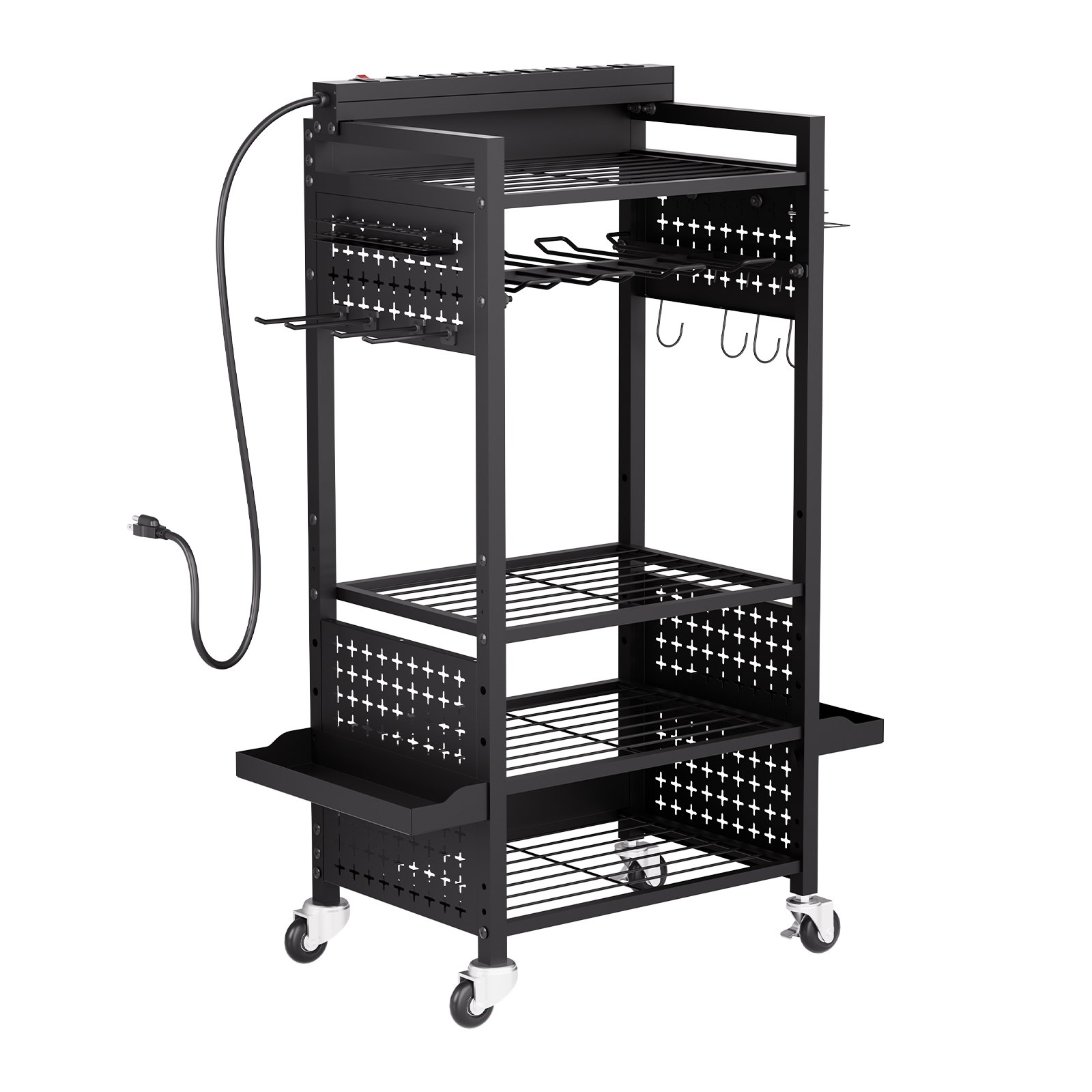 VEVOR - Carrito organizador de herramientas de 5 niveles con estación de carga, 8 tomas de CA, soporte para taladro con ruedas y soporte para batería de herramientas con ruedas, ideal para garaje o taller.