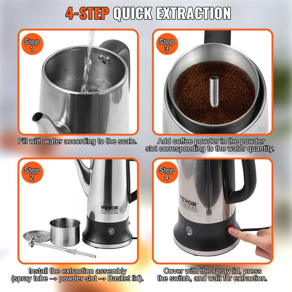 Cafetera eléctrica VEVOR de 12 tazas, cuerpo de acero inoxidable 304, función de mantenimiento del calor y asa resistente al calor, cafetera clásica, preparación rápida y pico vertedor fácil, color plateado.