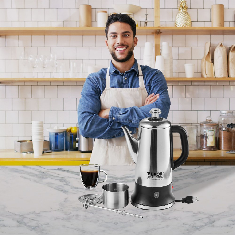 Cafetera eléctrica VEVOR de 12 tazas, cuerpo de acero inoxidable 304, función de mantenimiento del calor y asa resistente al calor, cafetera clásica, preparación rápida y pico vertedor fácil, color plateado.