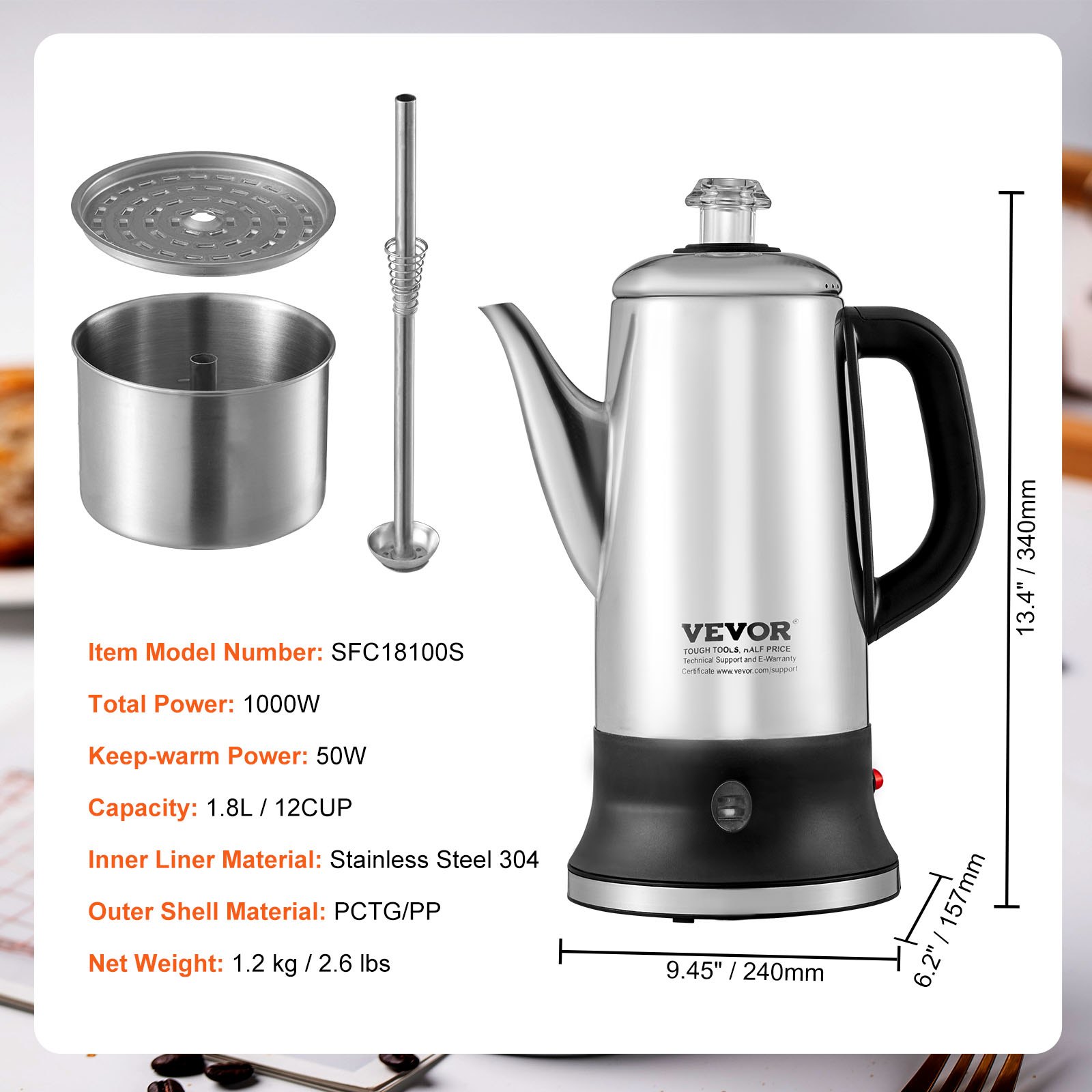 Cafetera eléctrica VEVOR de 12 tazas, cuerpo de acero inoxidable 304, función de mantenimiento del calor y asa resistente al calor, cafetera clásica, preparación rápida y pico vertedor fácil, color plateado.