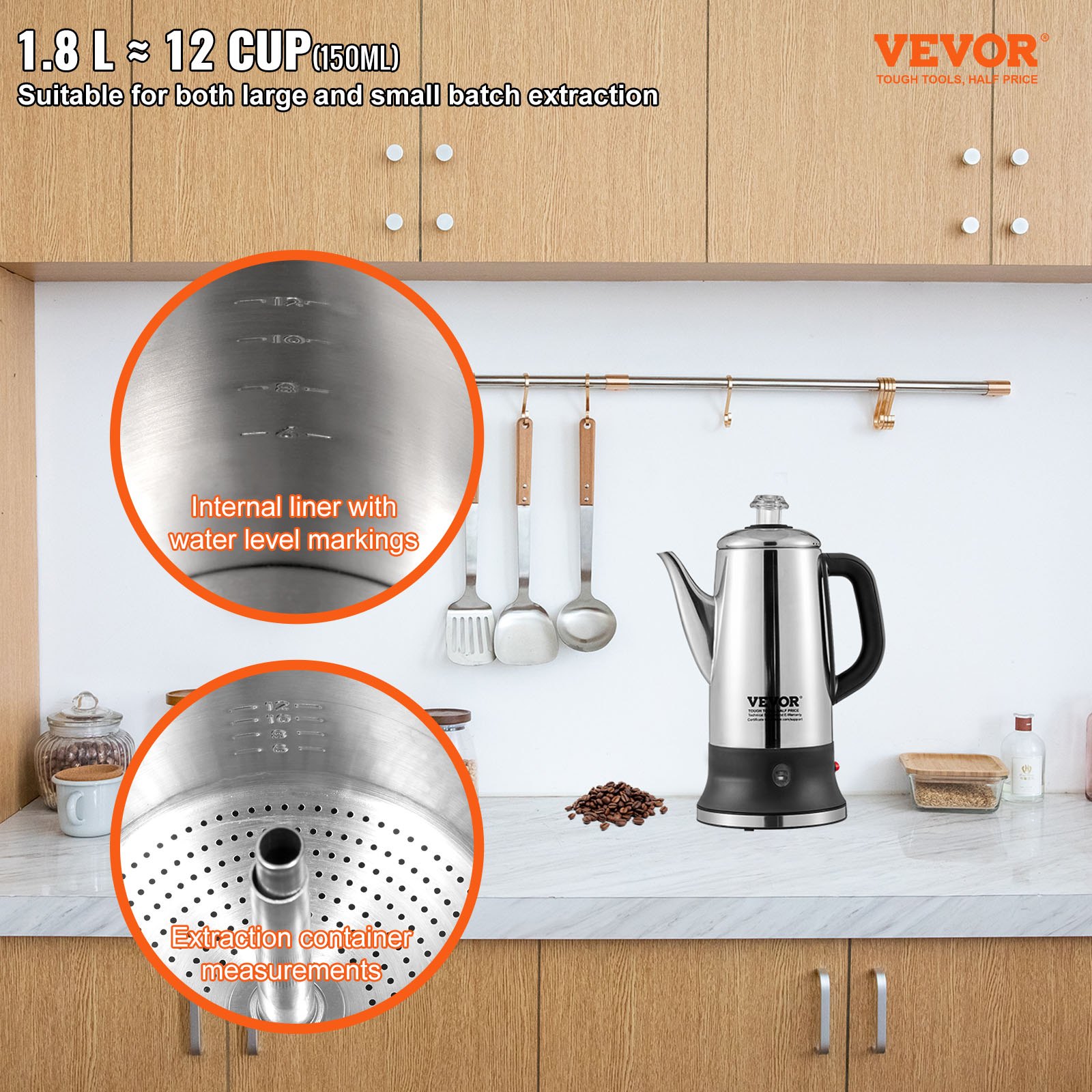 Cafetera eléctrica VEVOR de 12 tazas, cuerpo de acero inoxidable 304, función de mantenimiento del calor y asa resistente al calor, cafetera clásica, preparación rápida y pico vertedor fácil, color plateado.