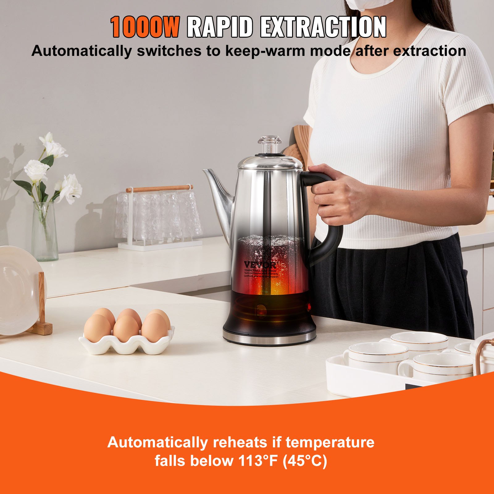 Cafetera eléctrica VEVOR de 12 tazas, cuerpo de acero inoxidable 304, función de mantenimiento del calor y asa resistente al calor, cafetera clásica, preparación rápida y pico vertedor fácil, color plateado.