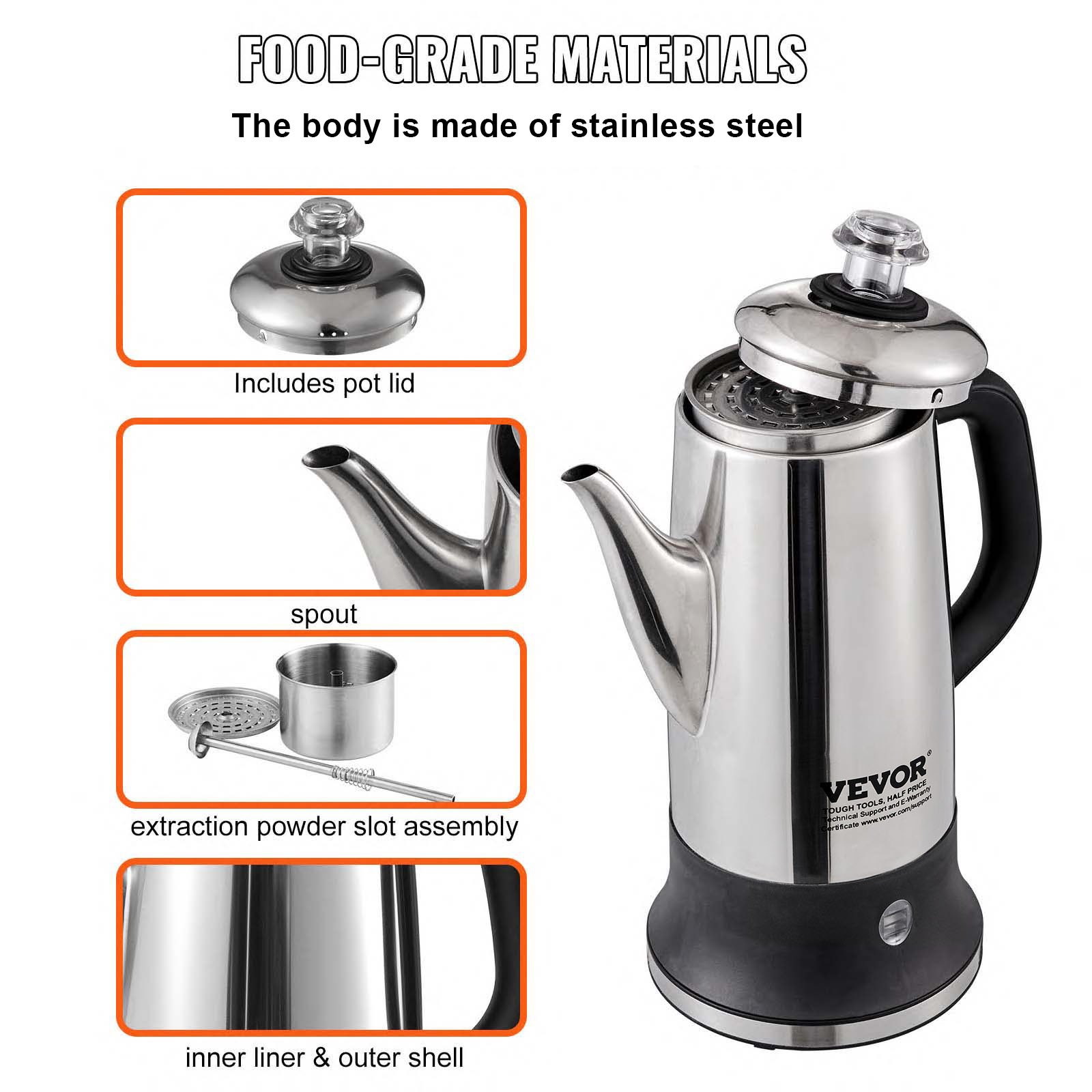 Cafetera eléctrica VEVOR de 12 tazas, cuerpo de acero inoxidable 304, función de mantenimiento del calor y asa resistente al calor, cafetera clásica, preparación rápida y pico vertedor fácil, color plateado.