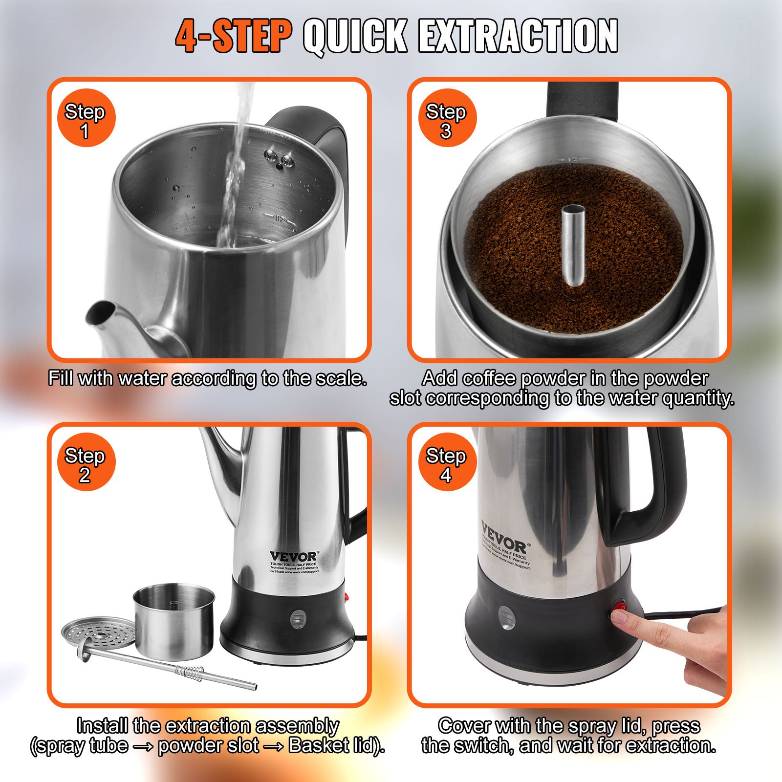 Cafetera eléctrica VEVOR de 12 tazas, cuerpo de acero inoxidable 304, función de mantenimiento del calor y asa resistente al calor, cafetera clásica, preparación rápida y pico vertedor fácil, color plateado.