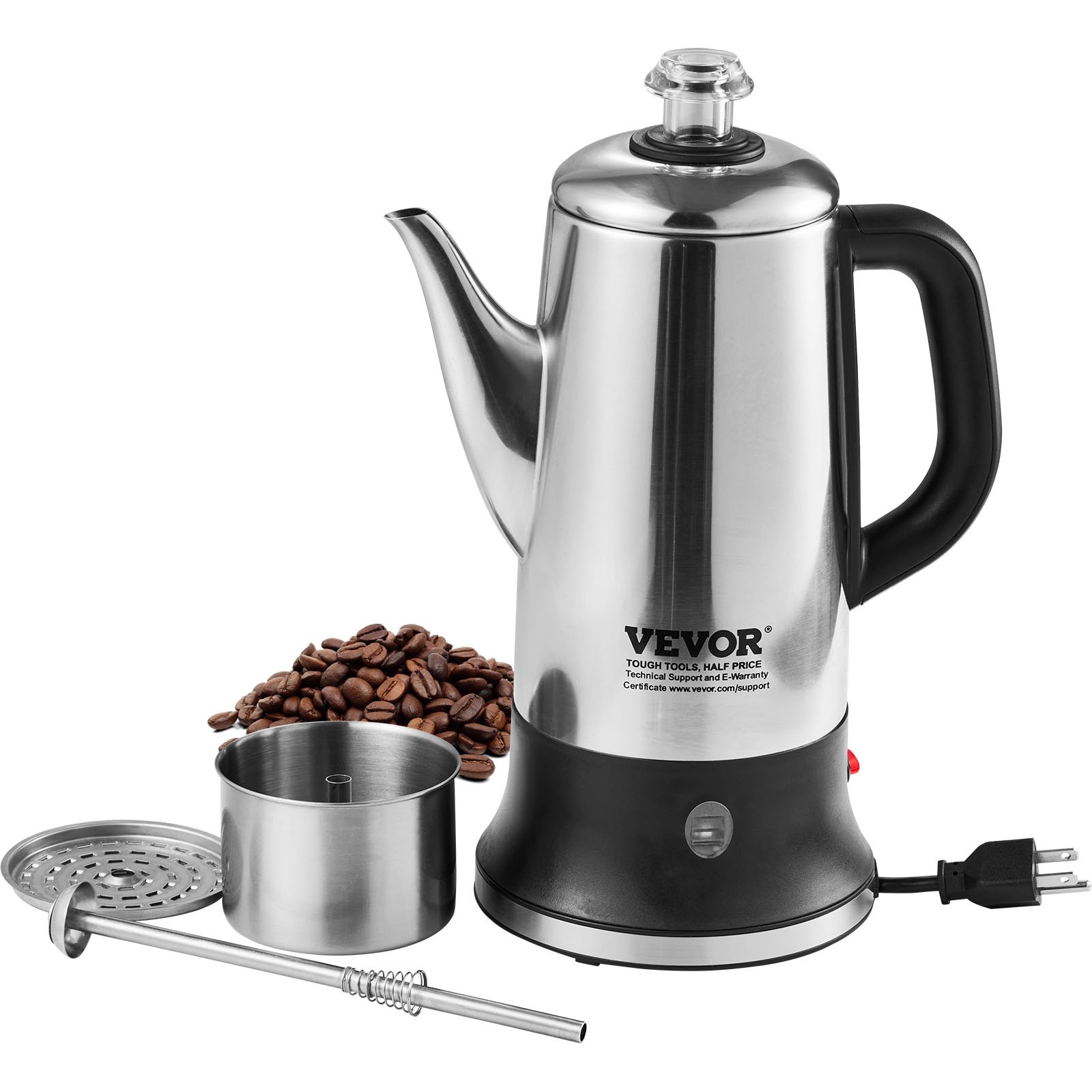 Cafetera eléctrica VEVOR de 12 tazas, cuerpo de acero inoxidable 304, función de mantenimiento del calor y asa resistente al calor, cafetera clásica, preparación rápida y pico vertedor fácil, color plateado.