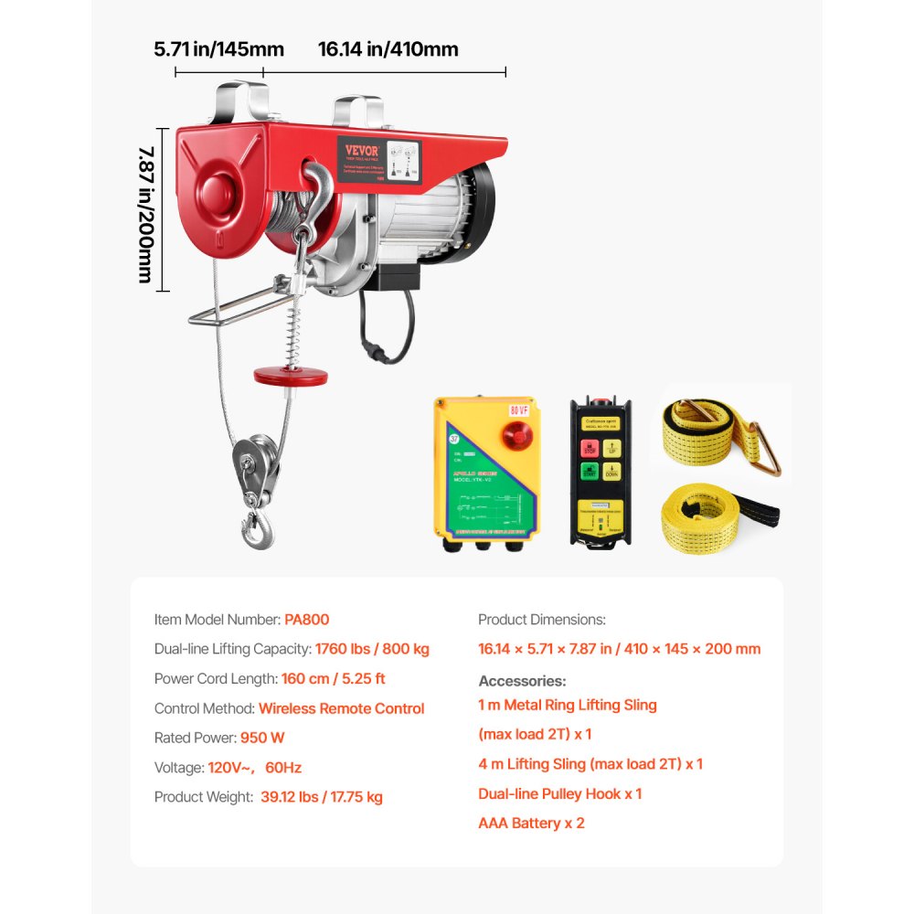 Polipasto eléctrico VEVOR, cabrestante eléctrico de 120 V y 1760 lb con control remoto inalámbrico de 100 m, altura de elevación de 12 m con un solo cable, eslingas simples o dobles, parada de emergencia, polipasto para garaje, almacén y fábrica.