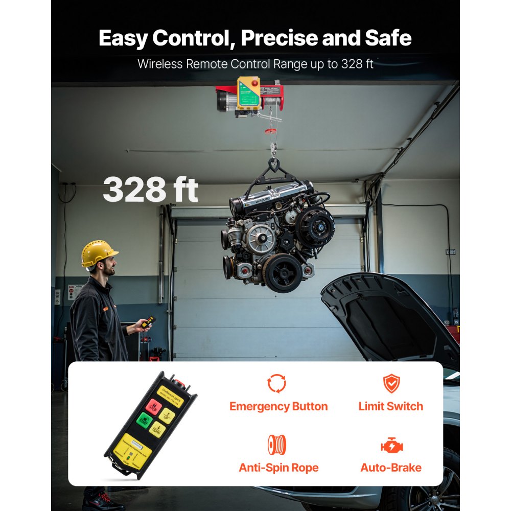 VEVOR Electric Hoist, 1760 lbs 120V Electric Winch with 328 ft Wireless Remote Control, 40 ft Single Cable Lifting Height, Single/Double Slings, Emergency Stop, Lift Hoist for Garage Warehouse Factory