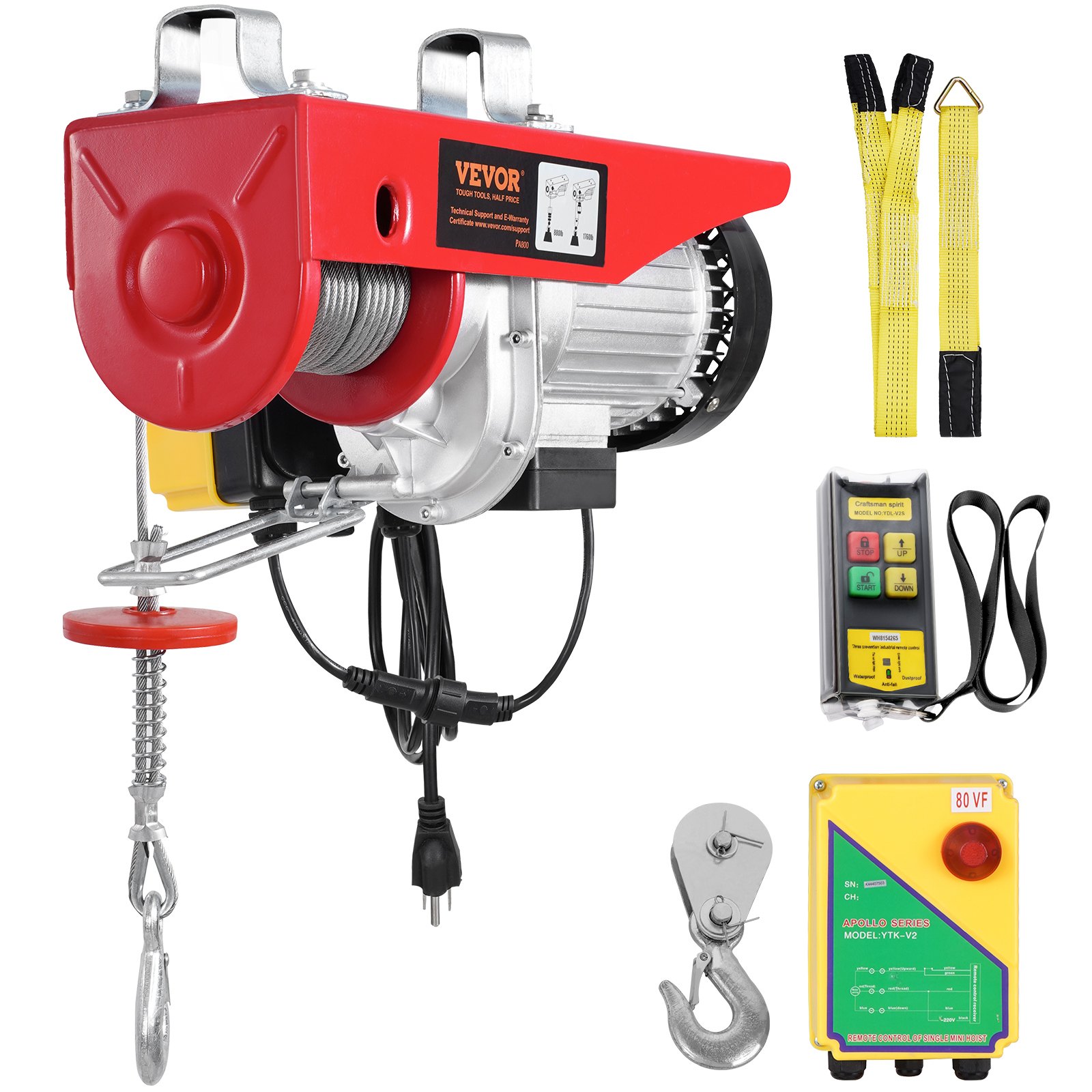 Polipasto eléctrico VEVOR, cabrestante eléctrico de 120 V y 1760 lb con control remoto inalámbrico de 100 m, altura de elevación de 12 m con un solo cable, eslingas simples o dobles, parada de emergencia, polipasto para garaje, almacén y fábrica.