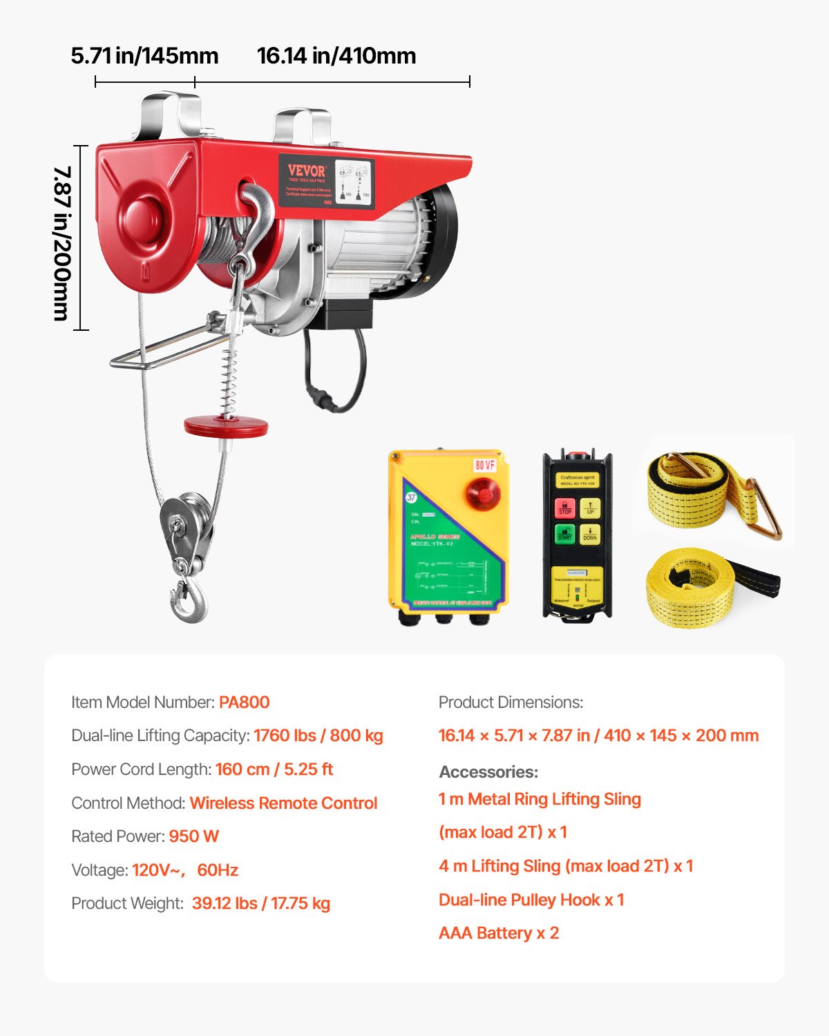 VEVOR Electric Hoist, 1760 lbs 120V Electric Winch with 328 ft Wireless Remote Control, 40 ft Single Cable Lifting Height, Single/Double Slings, Emergency Stop, Lift Hoist for Garage Warehouse Factory