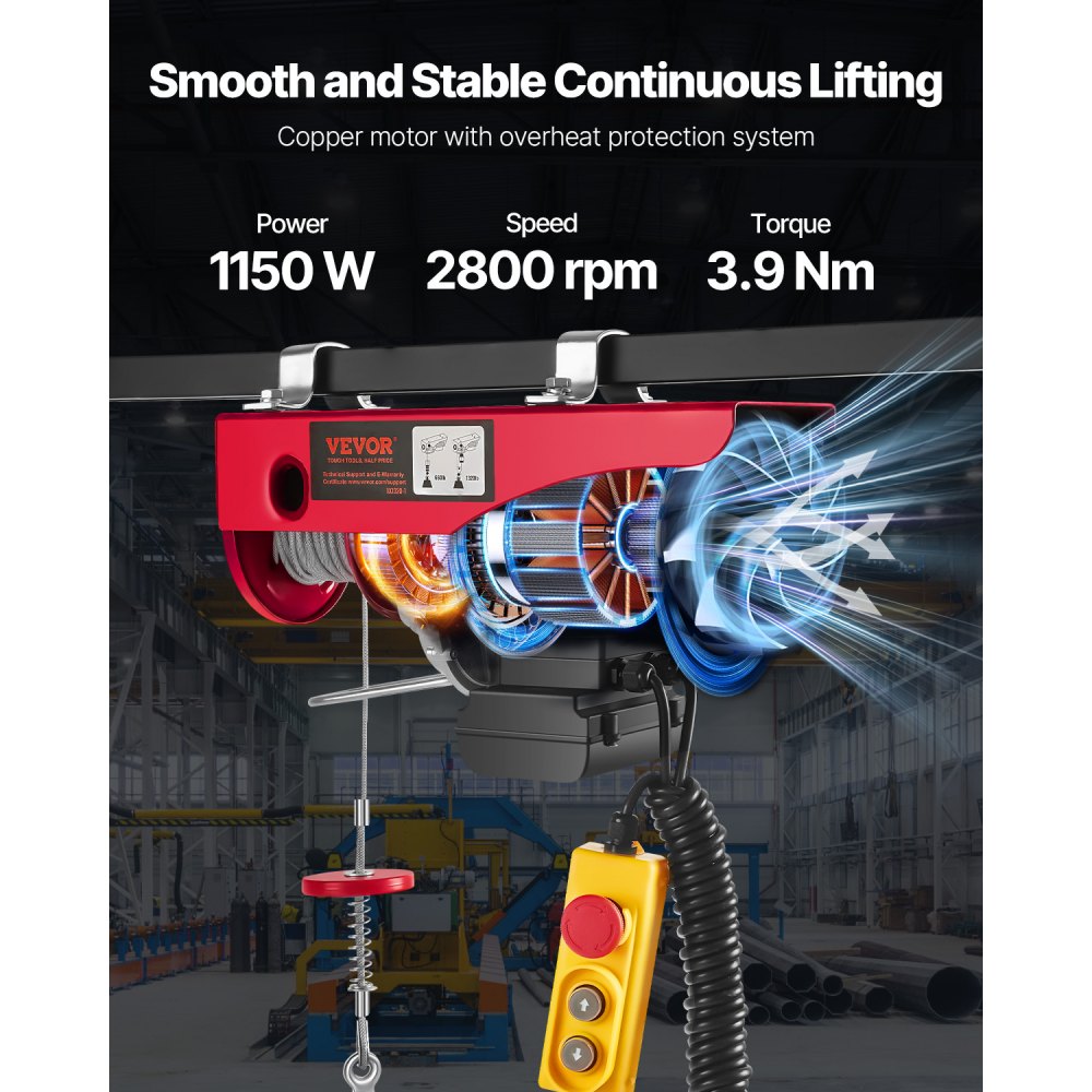 Polipasto eléctrico VEVOR, capacidad de elevación de 600 kg, cabrestante eléctrico de alambre de acero de 1150 W y 110 V con control remoto con cable de 4,2 m, altura de elevación de un solo cable de 12,1 m y motor de cobre puro, para garaje, almacén y fábrica.