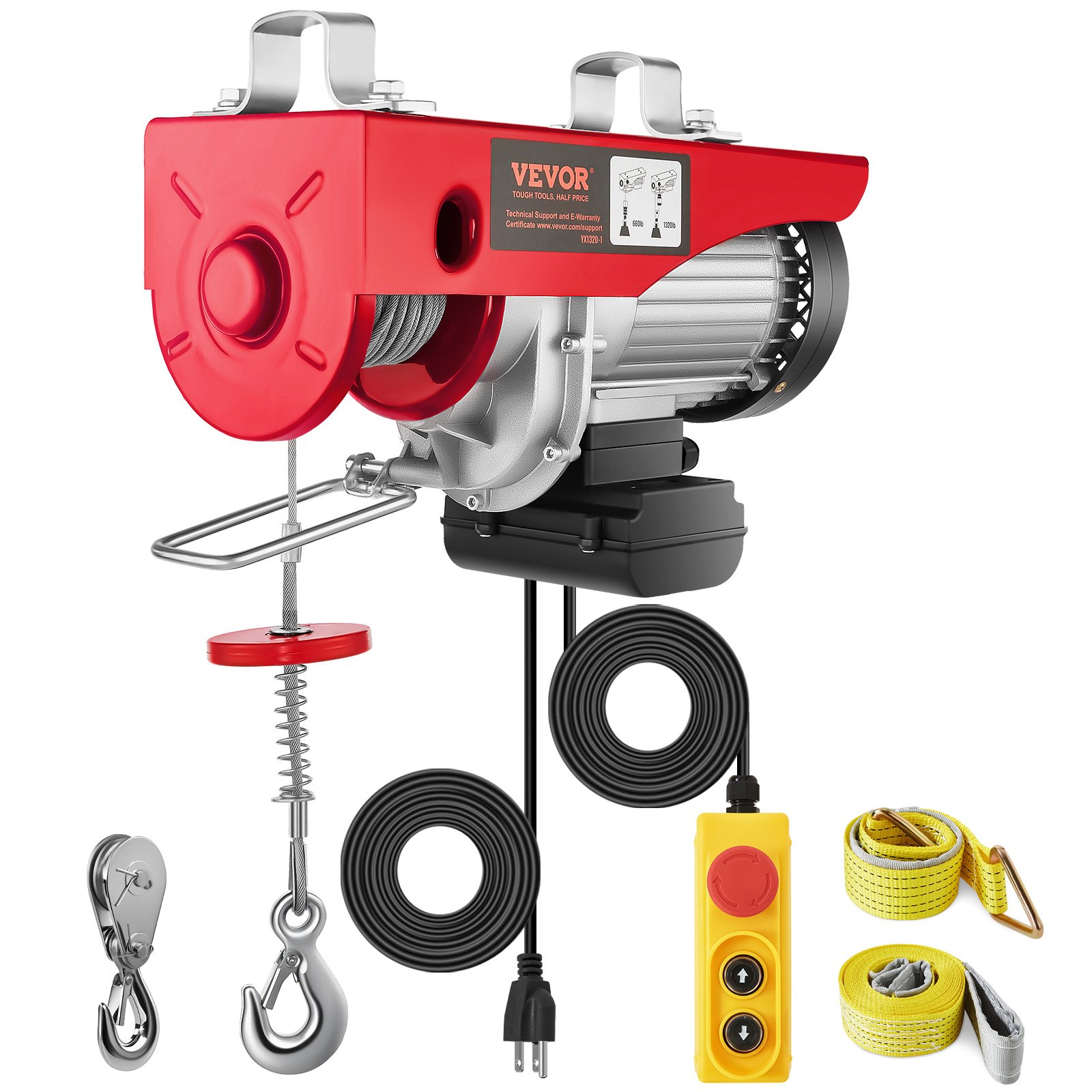 Polipasto eléctrico VEVOR, capacidad de elevación de 600 kg, cabrestante eléctrico de alambre de acero de 1150 W y 110 V con control remoto con cable de 4,2 m, altura de elevación de un solo cable de 12,1 m y motor de cobre puro, para garaje, almacén y fábrica.
