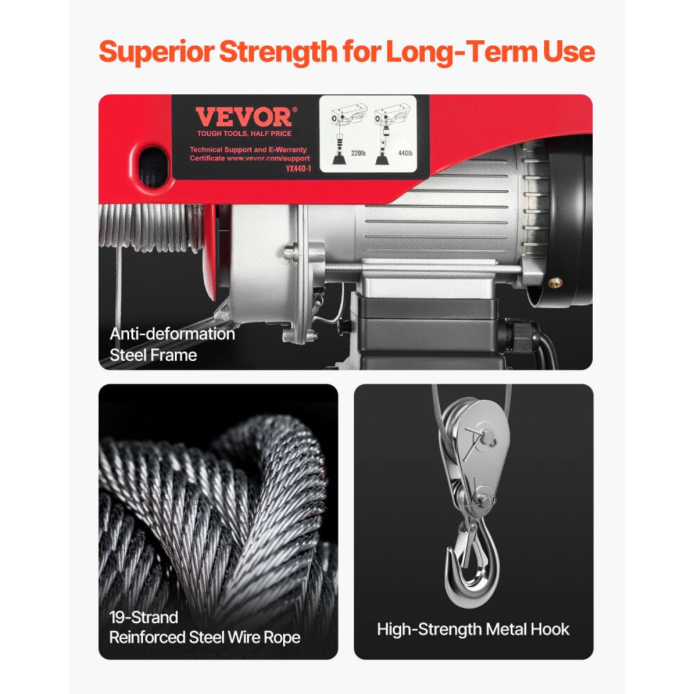 VEVOR Polipasto eléctrico de 440 libras con control remoto con cable de 14 pies, polipasto eléctrico de 110 voltios con altura de elevación de cable único de 40 pies y motor de cobre puro, para fábric