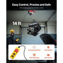 VEVOR Polipasto eléctrico de 440 libras con control remoto con cable de 14 pies, polipasto eléctrico de 110 voltios con altura de elevación de cable único de 40 pies y motor de cobre puro, para fábric