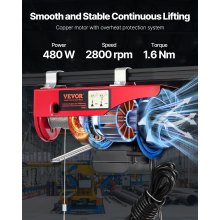 VEVOR Polipasto eléctrico de 440 libras con control remoto con cable de 14 pies, polipasto eléctrico de 110 voltios con altura de elevación de cable único de 40 pies y motor de cobre puro, para fábric