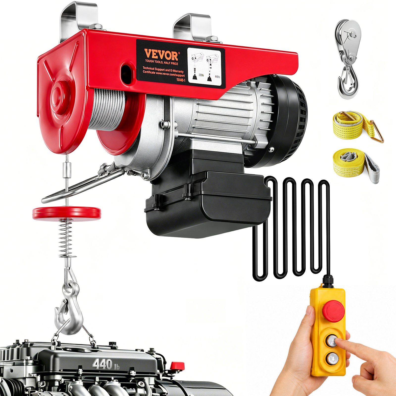 VEVOR Polipasto eléctrico de 440 libras con control remoto con cable de 14 pies, polipasto eléctrico de 110 voltios con altura de elevación de cable único de 40 pies y motor de cobre puro, para fábric