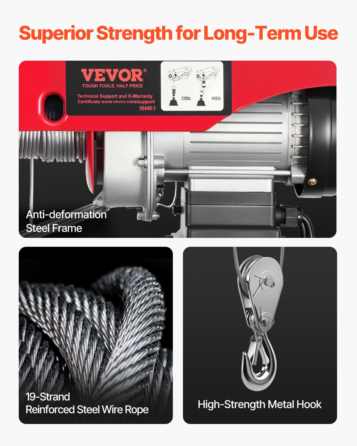 VEVOR Polipasto eléctrico de 440 libras con control remoto con cable de 14 pies, polipasto eléctrico de 110 voltios con altura de elevación de cable único de 40 pies y motor de cobre puro, para fábric