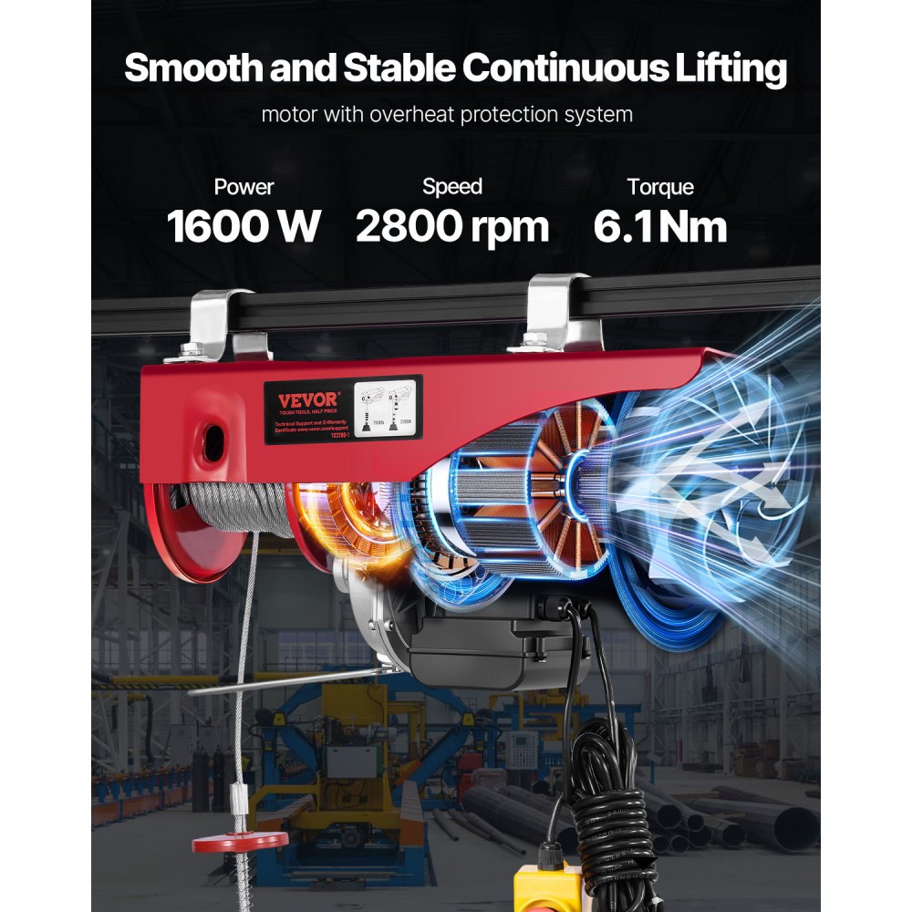 Elevador de ático VEVOR de 2200 lb, polipasto eléctrico de 1600 W y 110 V con control remoto con cable de 14 pies, altura de elevación de un solo cable de 40 pies y motor de cobre puro, para garaje, almacén y fábrica.