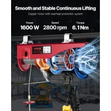 VEVOR Polipasto eléctrico capacidad de elevación de 2200 lbs cabrestante de alambre de acero eléctrico de 1600 W 110 V con control remoto con cable