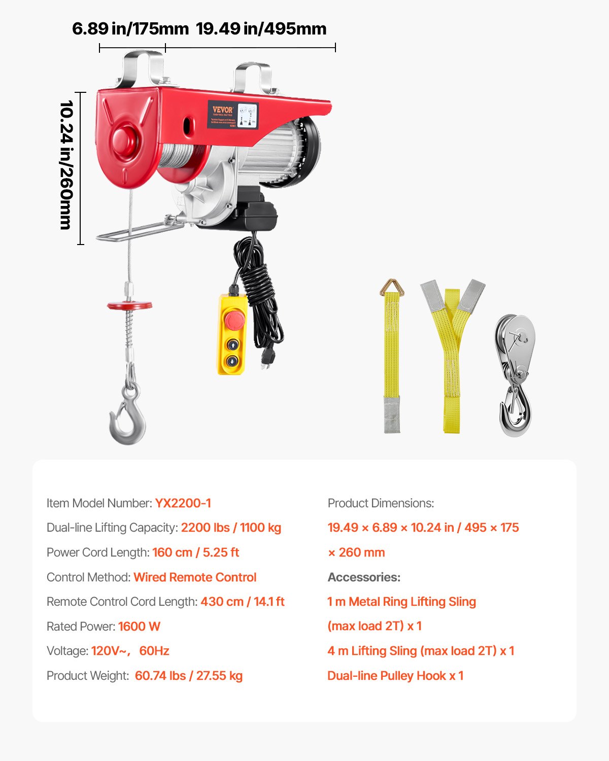 Elevador de ático VEVOR de 2200 lb, polipasto eléctrico de 1600 W y 110 V con control remoto con cable de 14 pies, altura de elevación de un solo cable de 40 pies y motor de cobre puro, para garaje, almacén y fábrica.