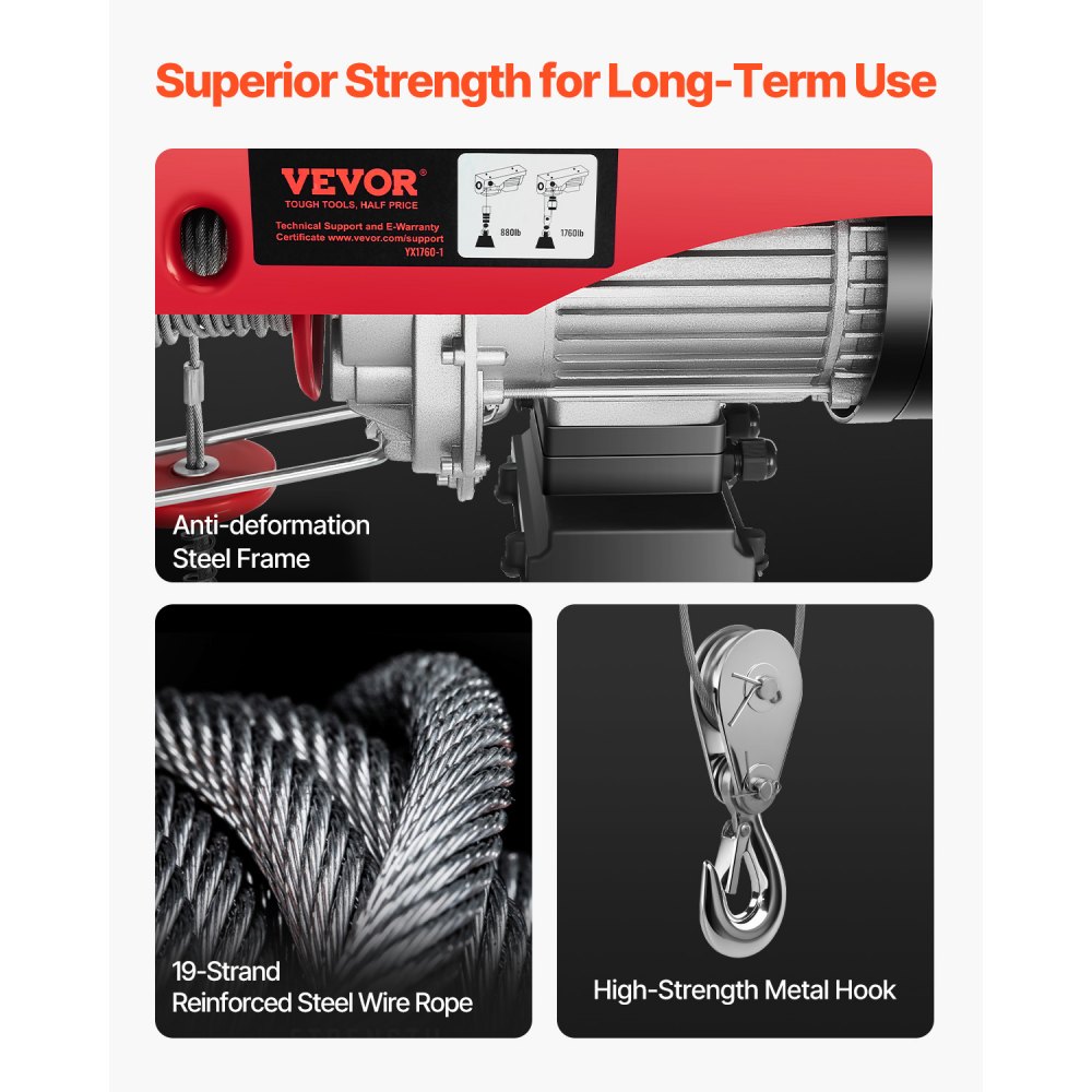 VEVOR Electric Hoist 1760lbs with 14ft Wired Remote Control, Electric Hoist 110 Volt with 40ft Single Cable Lifting Height & High-quality Motor, for Garage Warehouse Factory