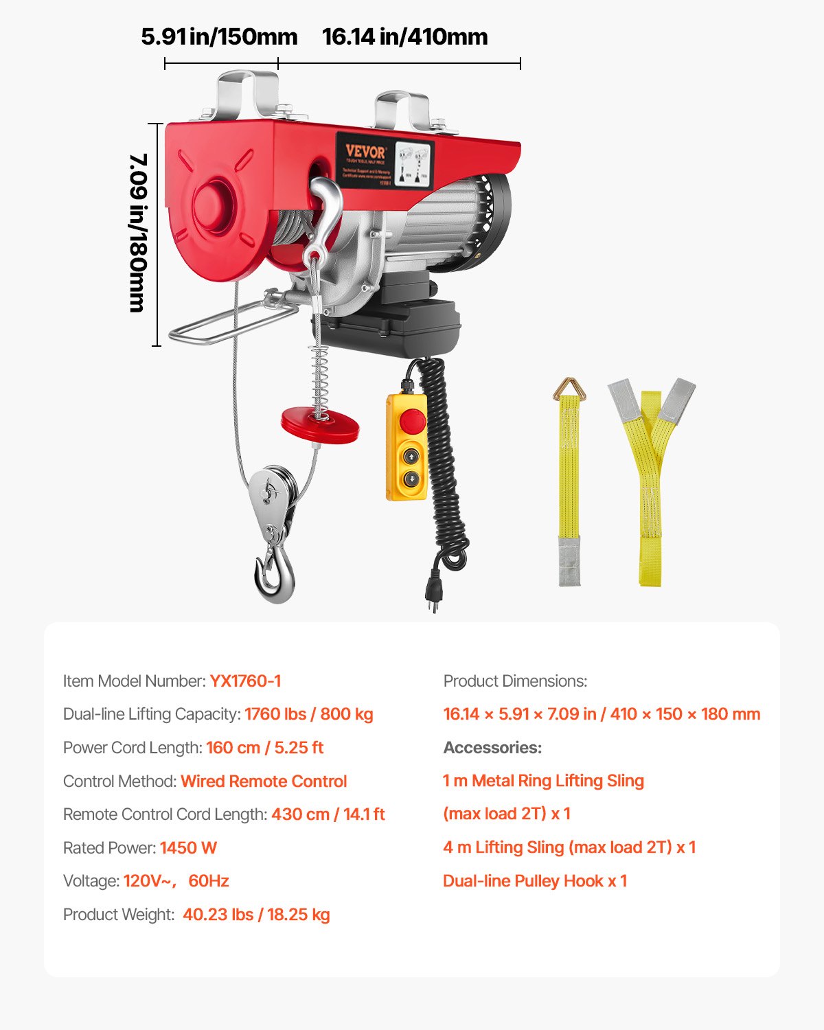 VEVOR Electric Hoist 1760lbs with 14ft Wired Remote Control, Electric Hoist 110 Volt with 40ft Single Cable Lifting Height & High-quality Motor, for Garage Warehouse Factory