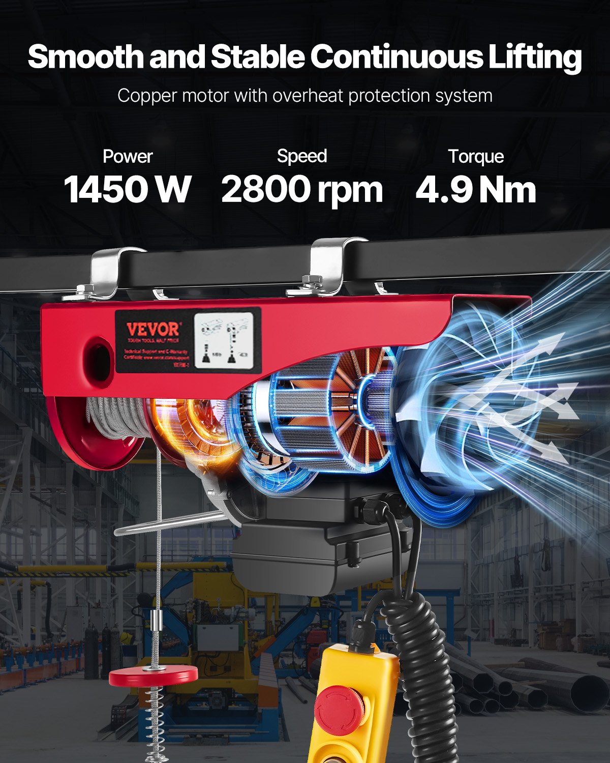 VEVOR Polipasto eléctrico de 1760 libras con control remoto con cable de 14 pies, polipasto eléctrico de 110 voltios con altura de elevación de cable único de 40 pies y motor de cobre puro, para fábrica de almacén de garaje