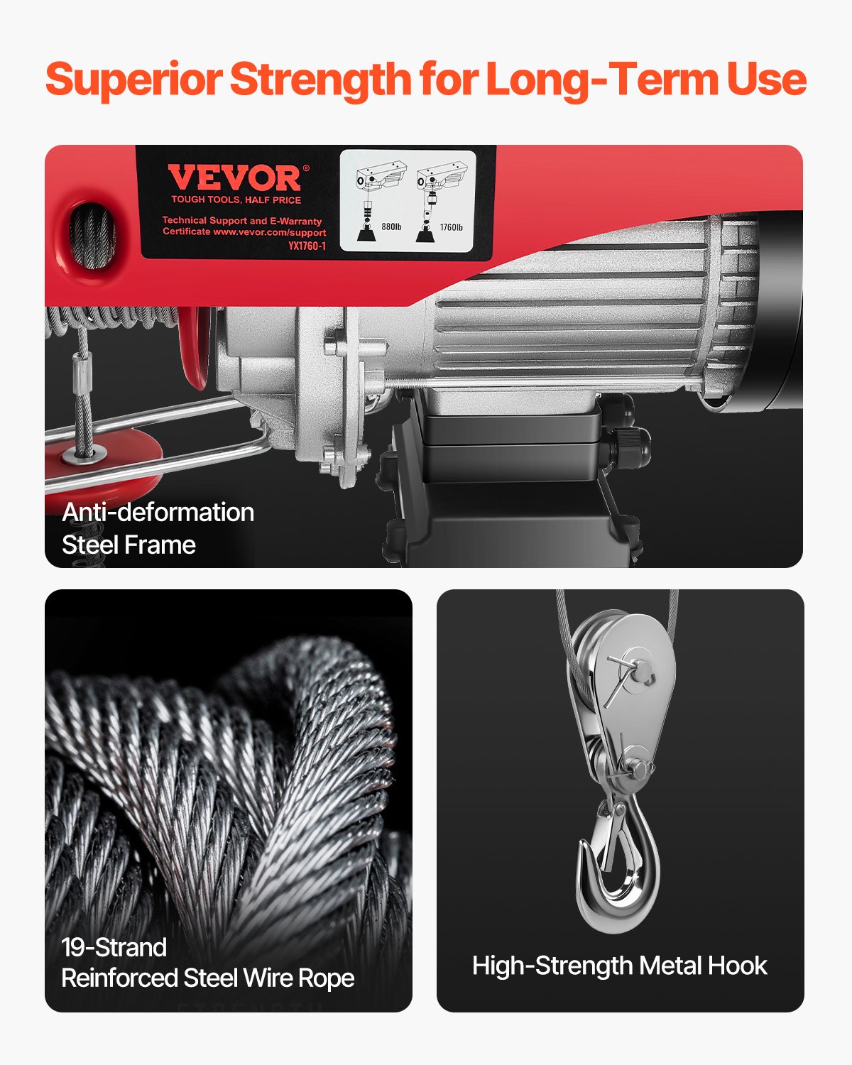 VEVOR Polipasto eléctrico de 1760 libras con control remoto con cable de 14 pies, polipasto eléctrico de 110 voltios con altura de elevación de cable único de 40 pies y motor de cobre puro, para fábrica de almacén de garaje