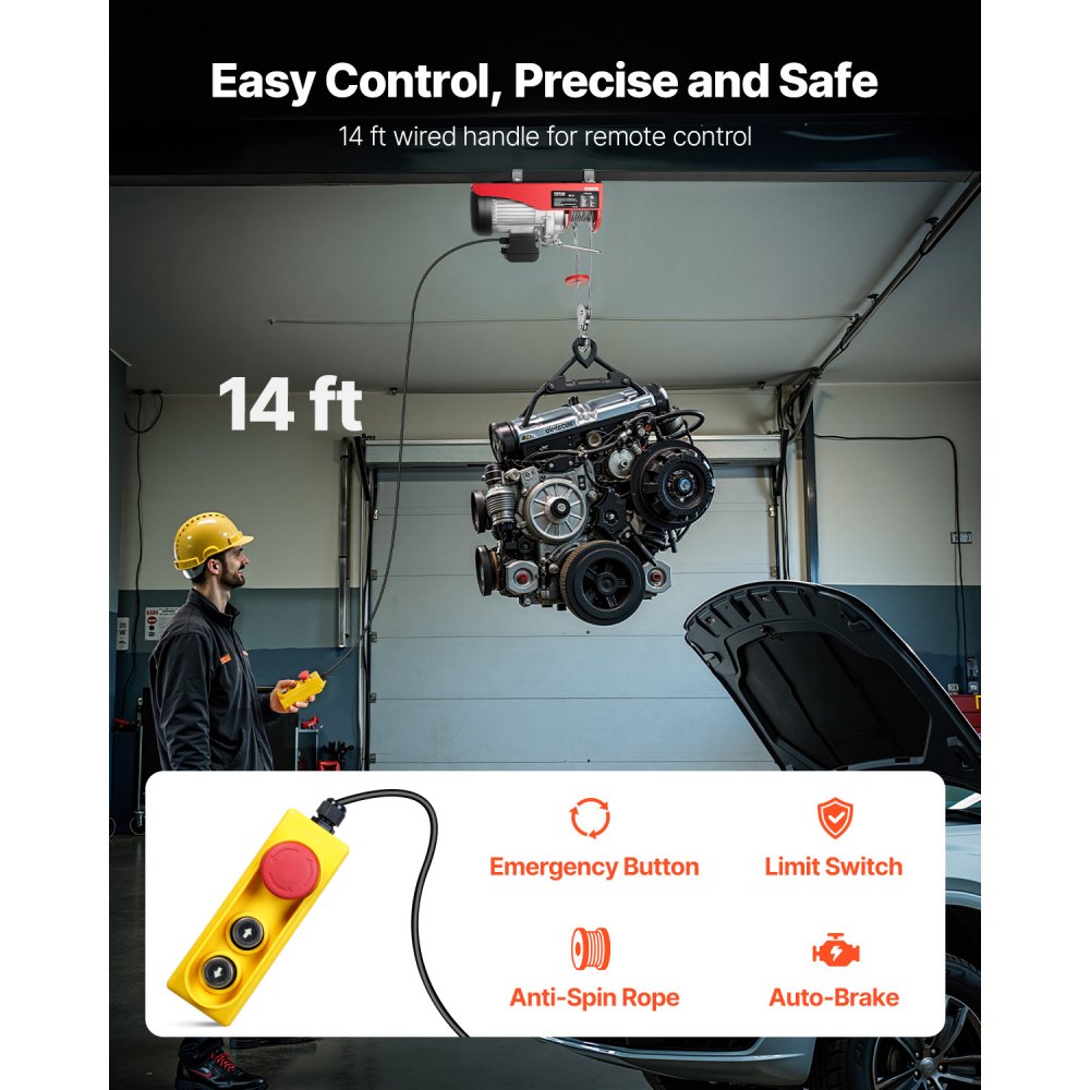 VEVOR Polipasto eléctrico de 880 libras con control remoto con cable de 14 pies, elevador de ático de polipasto eléctrico de 110 V, altura de elevación de 20-40 pies para fábrica de almacén de ático de garaje