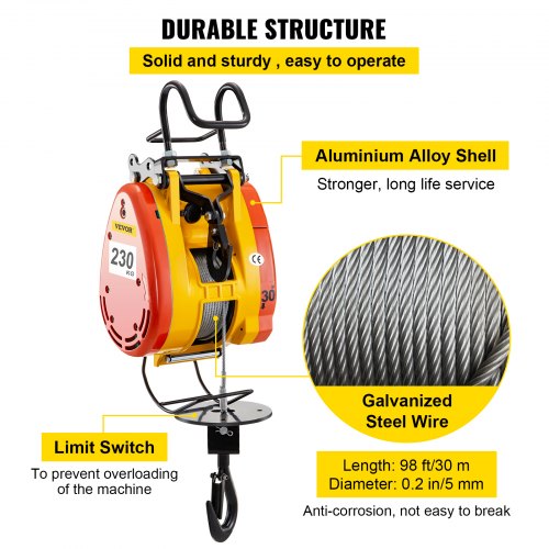 Polipasto eléctrico de cadena VEVOR Capacidad de 230 kg Cabrestante eléctrico 507 lb con cable de acero de 98 pies/30 m de longitud Grúa de control remoto Carro eléctrico aéreo con sistema de polea 110 voltios 1 fase