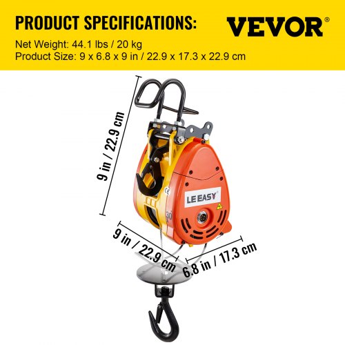 Polipasto eléctrico de cadena VEVOR Capacidad de 230 kg Cabrestante eléctrico 507 lb con cable de acero de 98 pies/30 m de longitud Grúa de control remoto Carro eléctrico aéreo con sistema de polea 110 voltios 1 fase