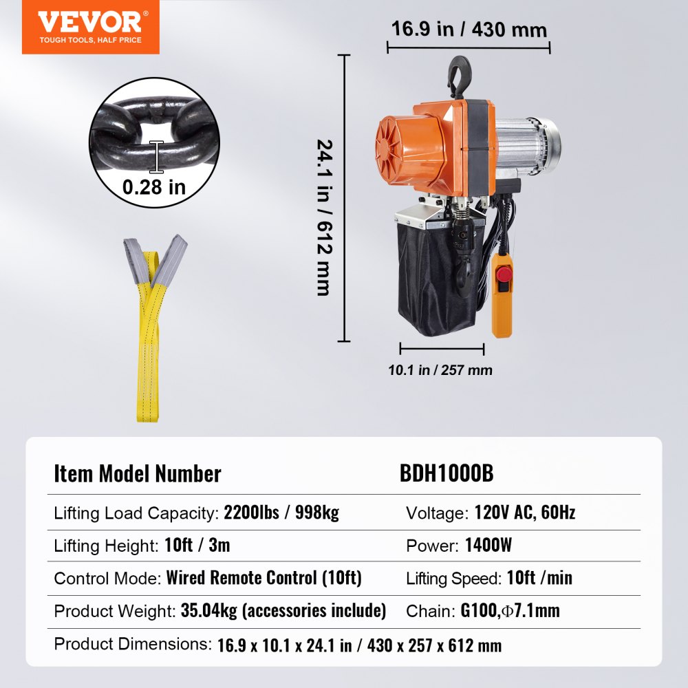 Polipasto eléctrico de cadena VEVOR, capacidad de 1 tonelada (2200 lb), altura de elevación de 3 m, velocidad de 3 m/min, 120 V, grúa aérea monofásica con cadena G100, control remoto con cable de 3 m para garaje, tienda, hotel y hogar.