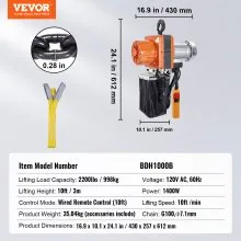 Polipasto eléctrico de cadena VEVOR, capacidad de 2200 lbs/1 tonelada, altura de elevación de 10 pies, velocidad de 10 pies/min, 120 V, grúa aérea monofásica con cadena G100, control remoto con cable de 10 pies para garaje, tienda, hotel, hogar