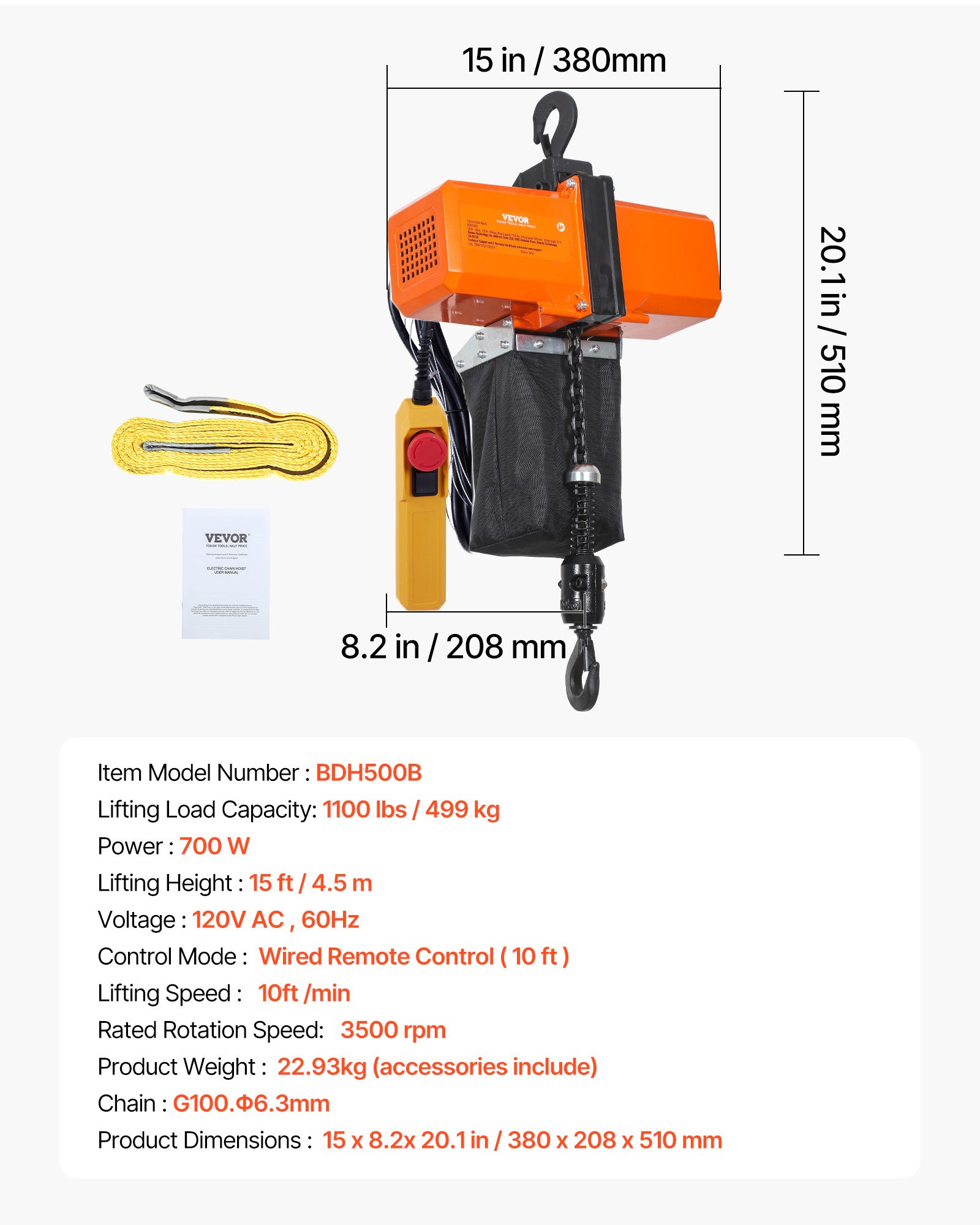Polipasto eléctrico de cadena VEVOR de 1100 lbs, altura de elevación de 15 pies, polipasto eléctrico de 120 V, grúa puente monofásica con cadena G100, control remoto con cable de 10 pies para garaje, taller, hotel, hogar.