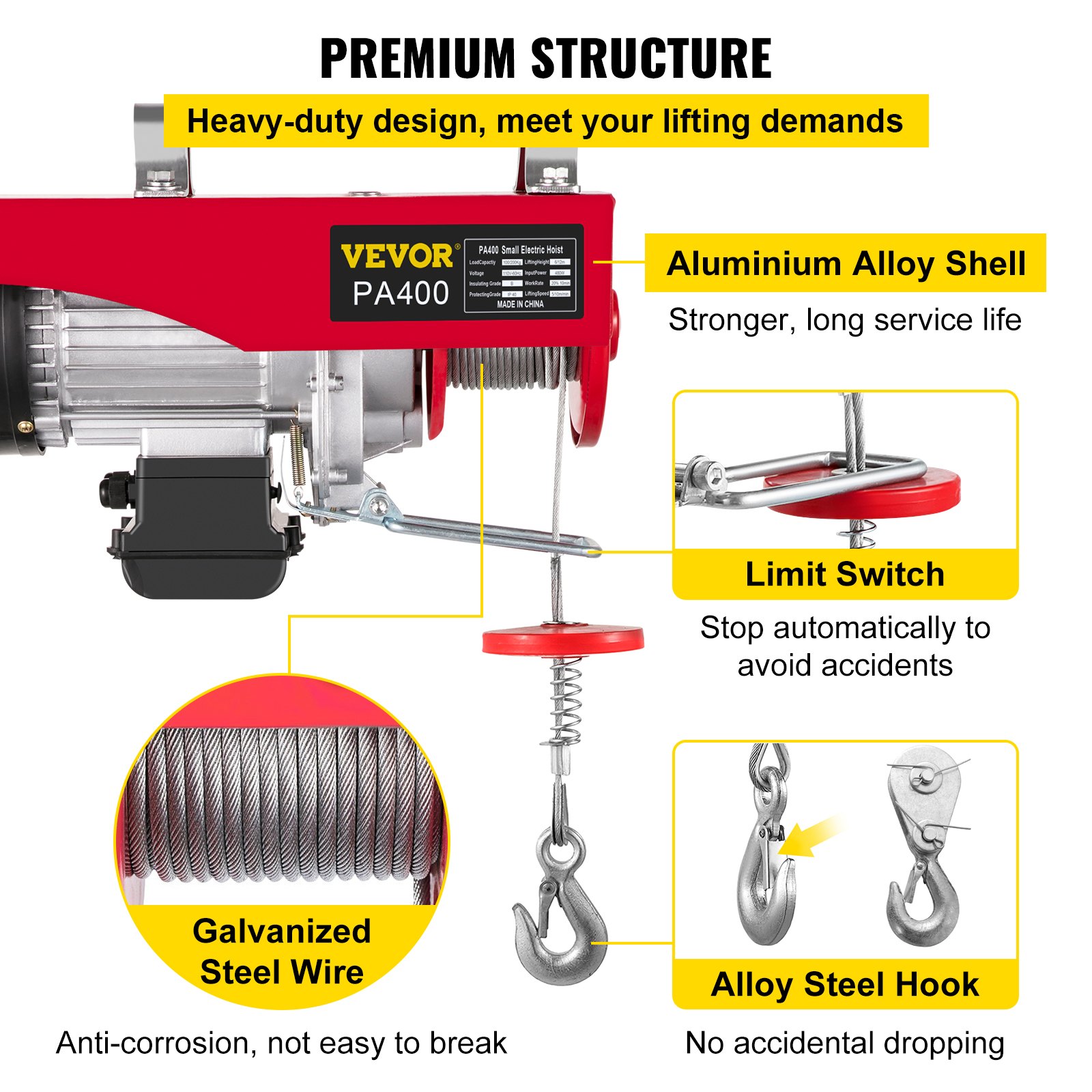 VEVOR Polipasto Eléctrico Cabrestante eléctrico 880LBS elevador eléctrico de acero polipasto eléctrico de 110 V con control remoto inalámbrico