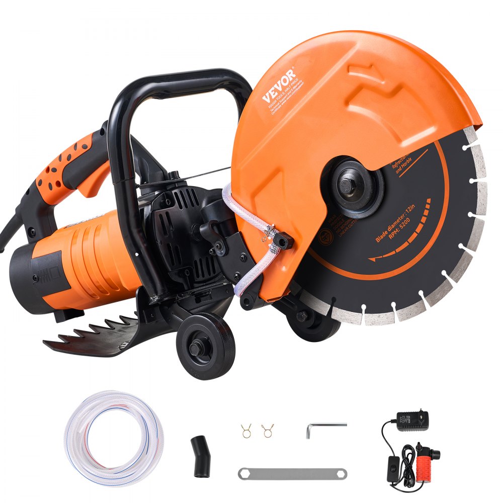 Sierra de hormigón eléctrica VEVOR con accesorios, con hoja naranja y mango ergonómico.