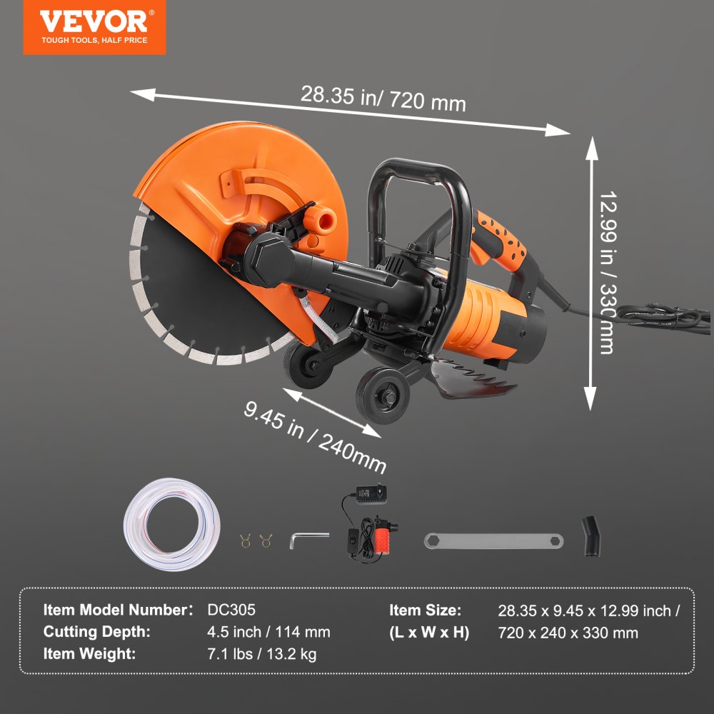 Sierra circular eléctrica para hormigón VEVOR de 30 cm y 1800 W con profundidad de corte ajustable de 11,4 cm. Incluye línea de agua, bomba y cuchilla. Ideal para piedra y ladrillo.