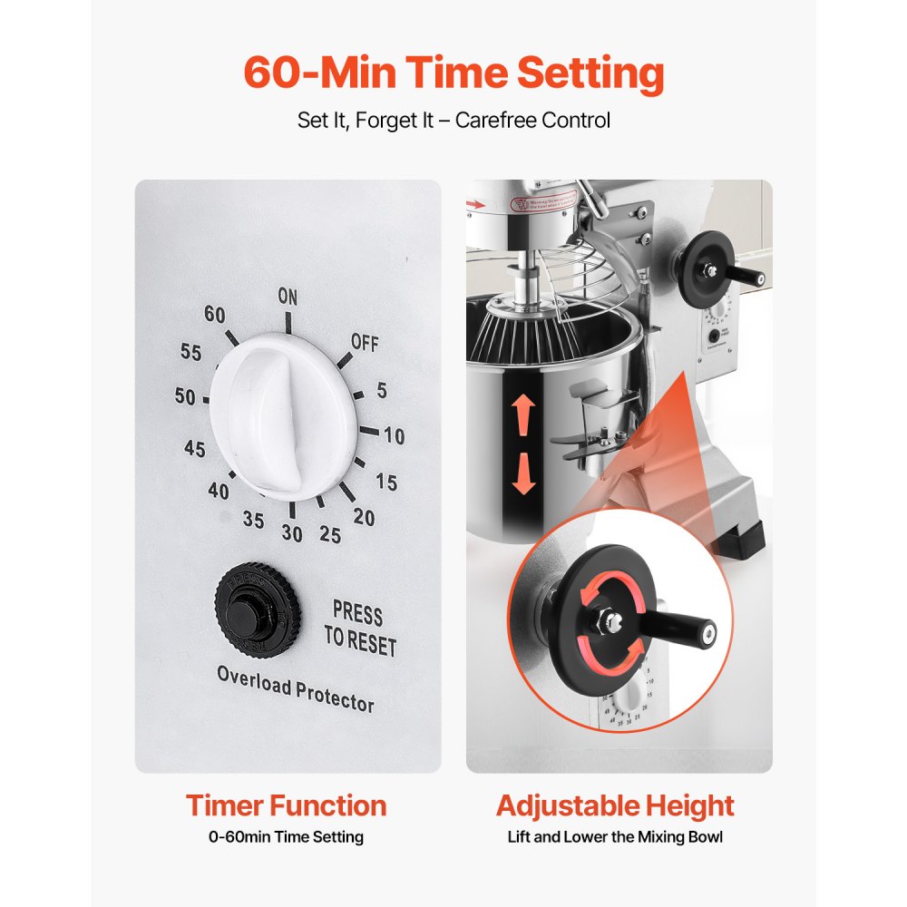 Batidora comercial VEVOR de 30 cuartos (28.7 litros), 1100 W, 3 velocidades ajustables (105/180/408 RPM), resistente, 110 V, con tazón de acero inoxidable, ganchos para masa y batidor de varillas. Ideal para escuelas, panaderías, restaurantes y pizzerías.