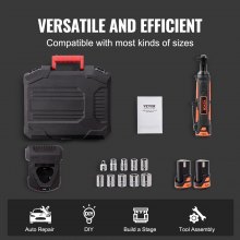Juego de llaves de trinquete eléctricas inalámbricas VEVOR de 3/8", kit de herramientas de trinquete eléctrico de 12 V y 33 ft-lbs, carga rápida de 45 minutos, paquete de 2 baterías de 2,0 Ah, luz LED incorporada, gatillo de velocidad variable, 10 enchufes
