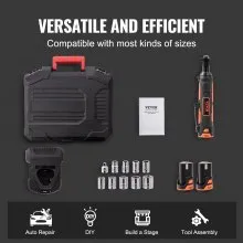 Juego de llaves de trinquete eléctricas inalámbricas VEVOR de 3/8", kit de herramientas de trinquete eléctrico de 12 V y 33 ft-lbs, carga rápida de 45 minutos, paquete de 2 baterías de 2,0 Ah, luz LED incorporada, gatillo de velocidad variable, 10 enchufes