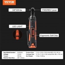 Juego de llaves de trinquete eléctricas inalámbricas VEVOR de 3/8", kit de herramientas de trinquete eléctrico de 12 V y 33 ft-lbs, carga rápida de 45 minutos, paquete de 2 baterías de 2,0 Ah, luz LED incorporada, gatillo de velocidad variable, 10 enchufes