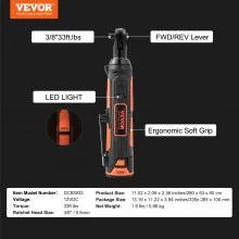 Juego de llaves de trinquete eléctricas inalámbricas VEVOR de 3/8", kit de herramientas de trinquete eléctrico de 12 V y 33 ft-lbs, carga rápida de 45 minutos, paquete de 2 baterías de 2,0 Ah, luz LED incorporada, gatillo de velocidad variable, 10 enchufes